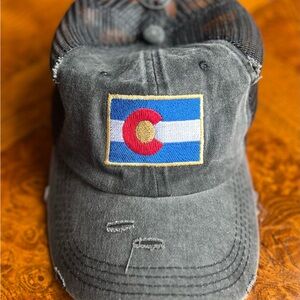 Rugged Colorado Flag Cap Hat. Mesh sides, adjustable, ponytail holder.